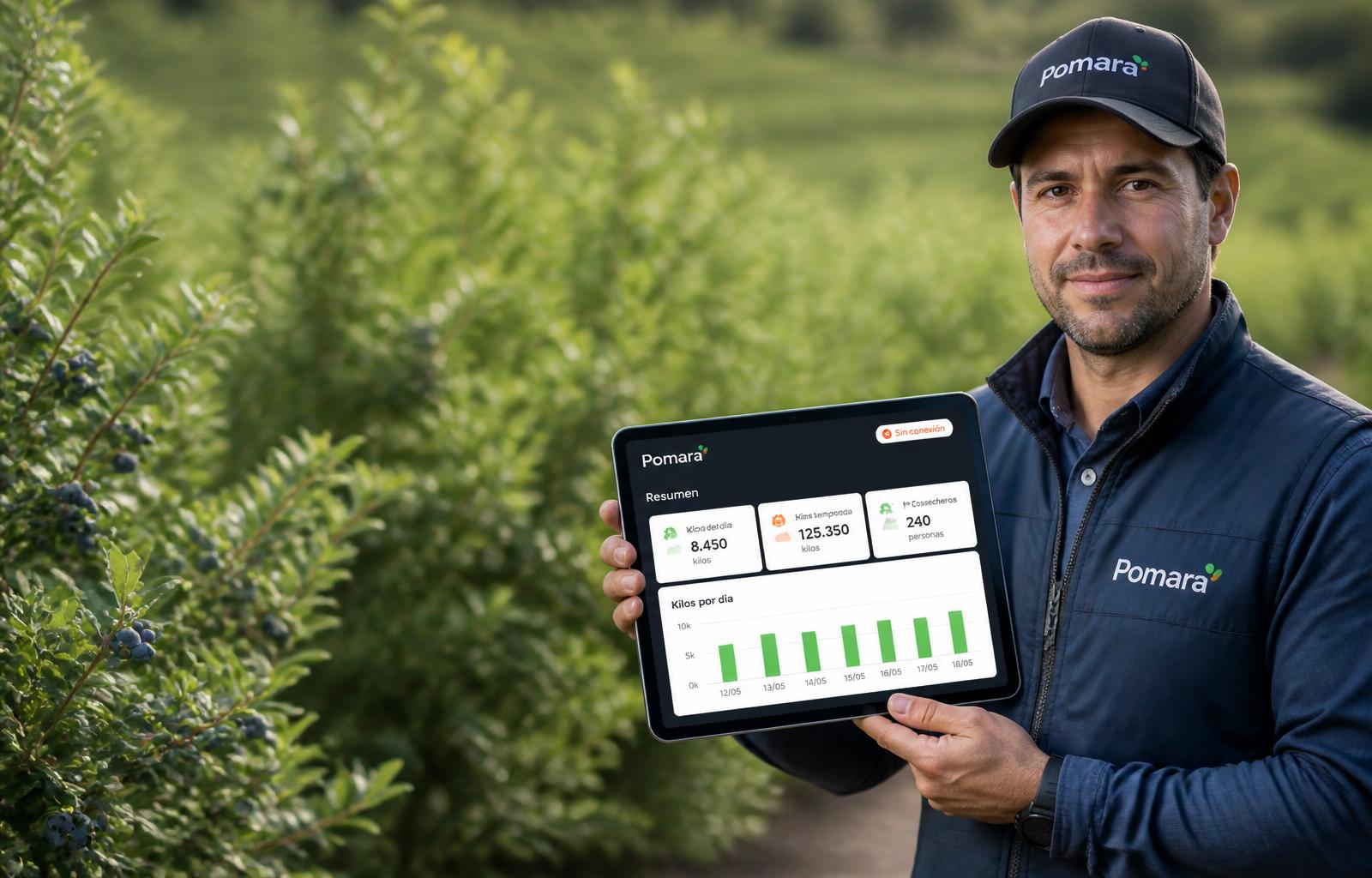 Supervisor agrícola registrando información en una tablet durante la cosecha en un huerto frutal